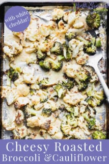 sheet pan of roasted broccoli and cauliflower with text
