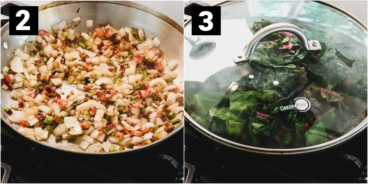 cooking onions and stems and then steaming the greens
