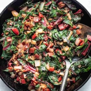 Close up of Simple sauteed Swiss Chard in a cast iron skillet