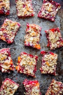 overhead ofthe bars cut and spread out on a baking sheet