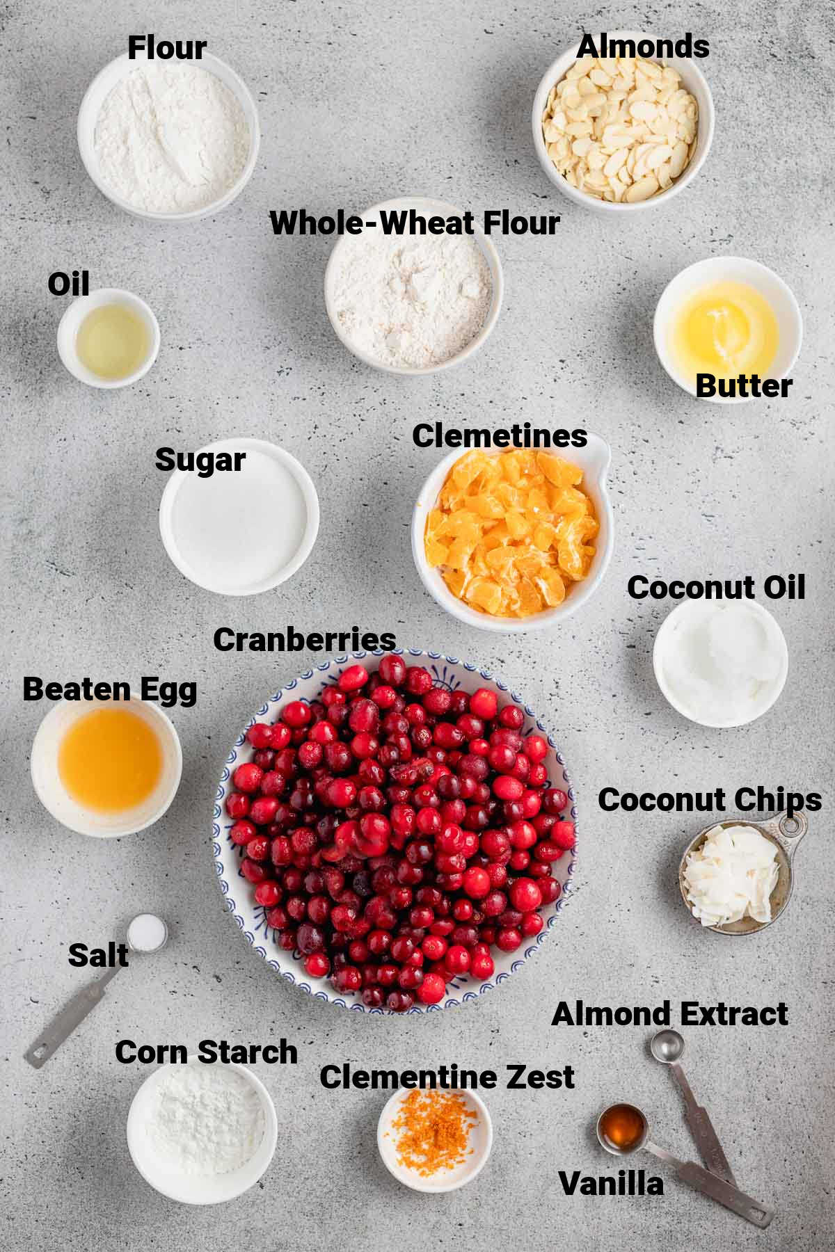 cranberry crumb bars ingredients on a gray table with text overlay