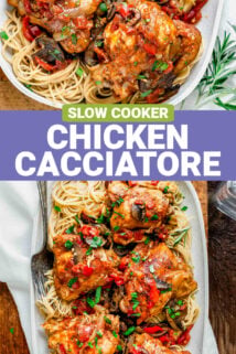 slow cooker chicken cacciatore on a oblong platter on noodles