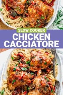 slow cooker chicken cacciatore on a oblong platter on noodles