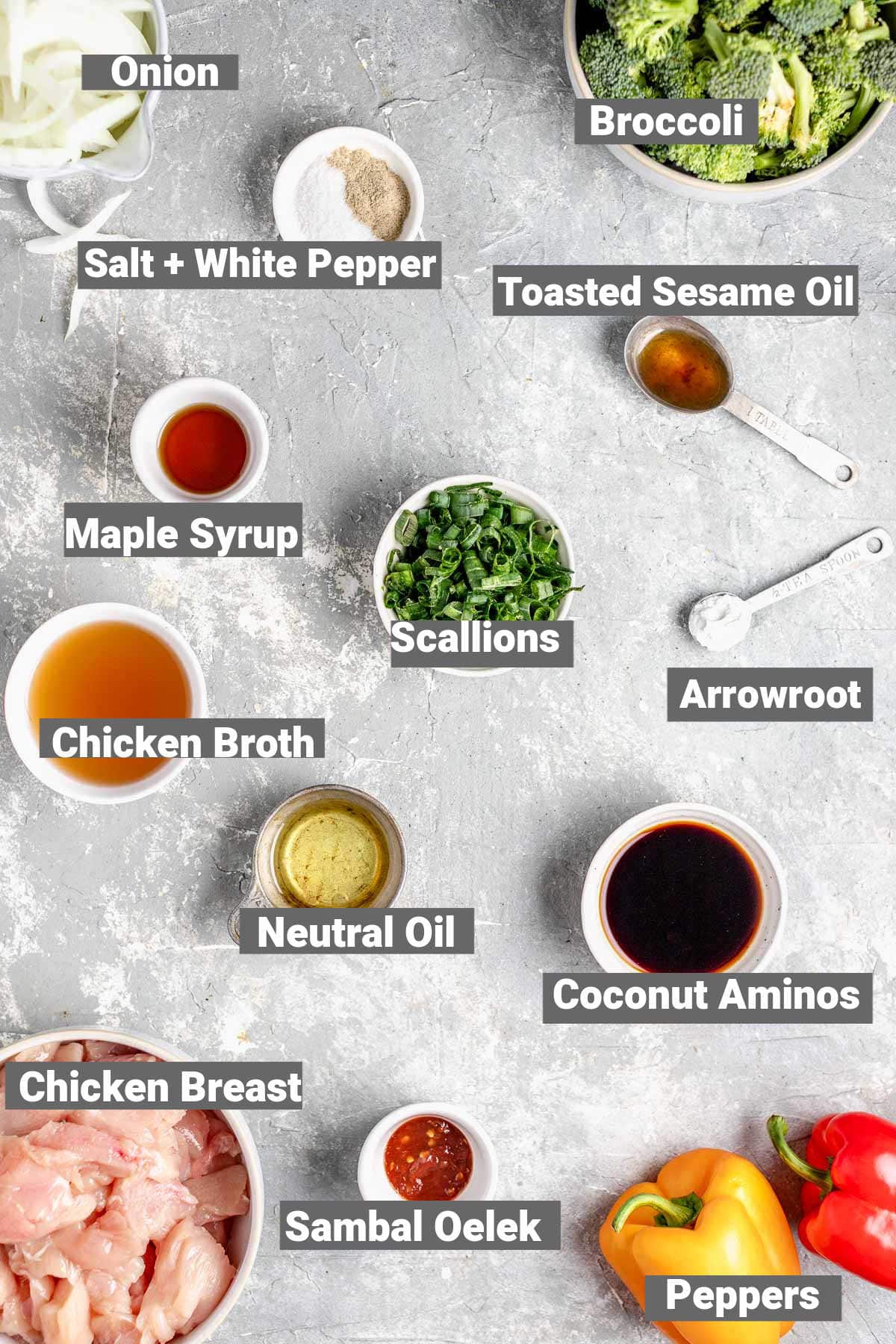 chicken vegetable stirfry ingredients with text