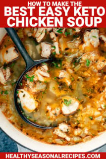 close-up of keto soup in a pot with text overlay