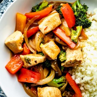 closeup of stirfry from overhead in a white bowl