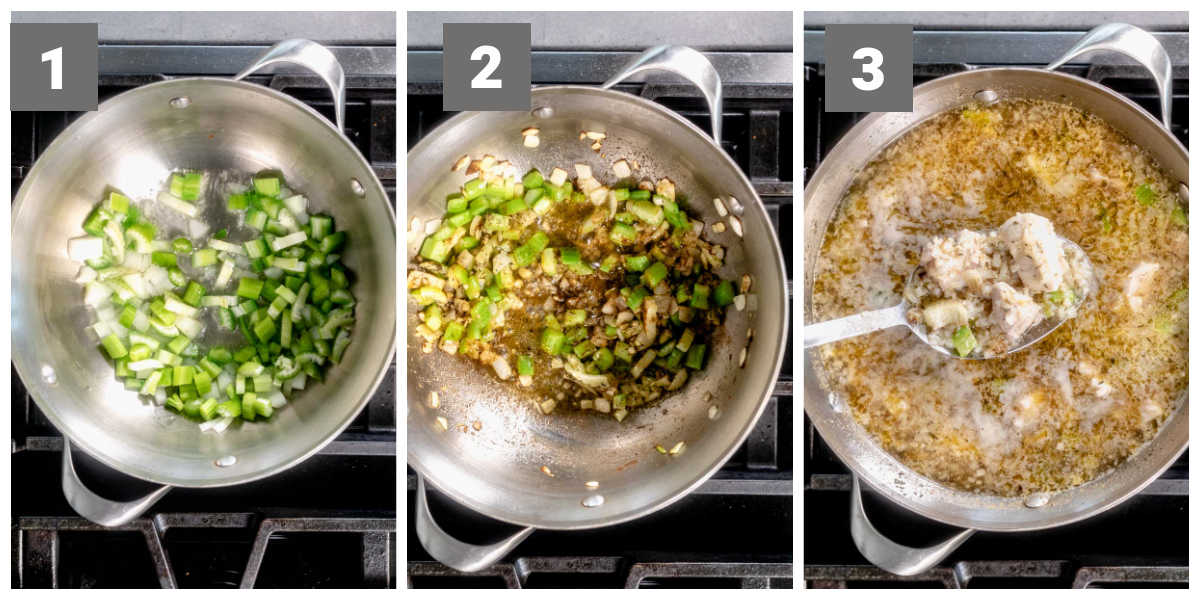 cook the vegetables, add the seasoning then add broth, chicken and cauliflower