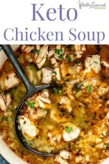 Close up of a pot of soup overhead with text
