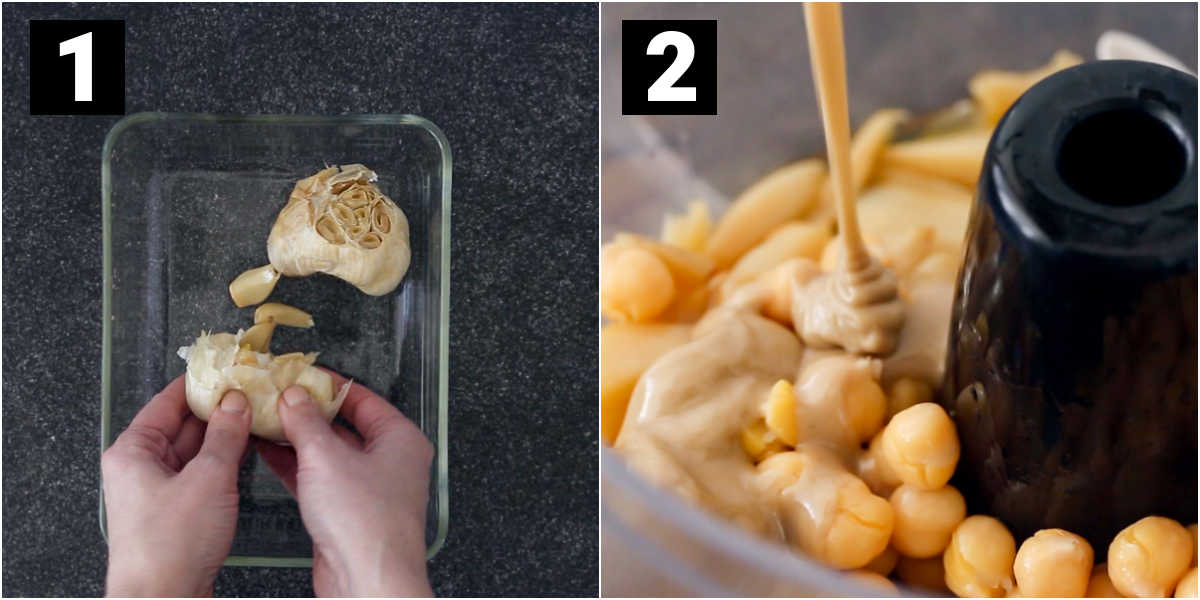 squeezing the garlic out of the paper and then the ingredients being added to the food processor