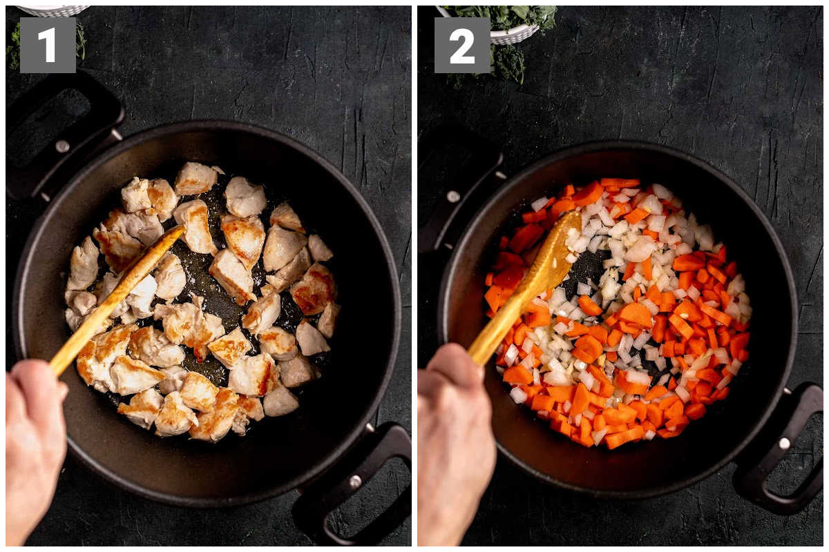Steps 1 and 2 for chicken vegetable soup