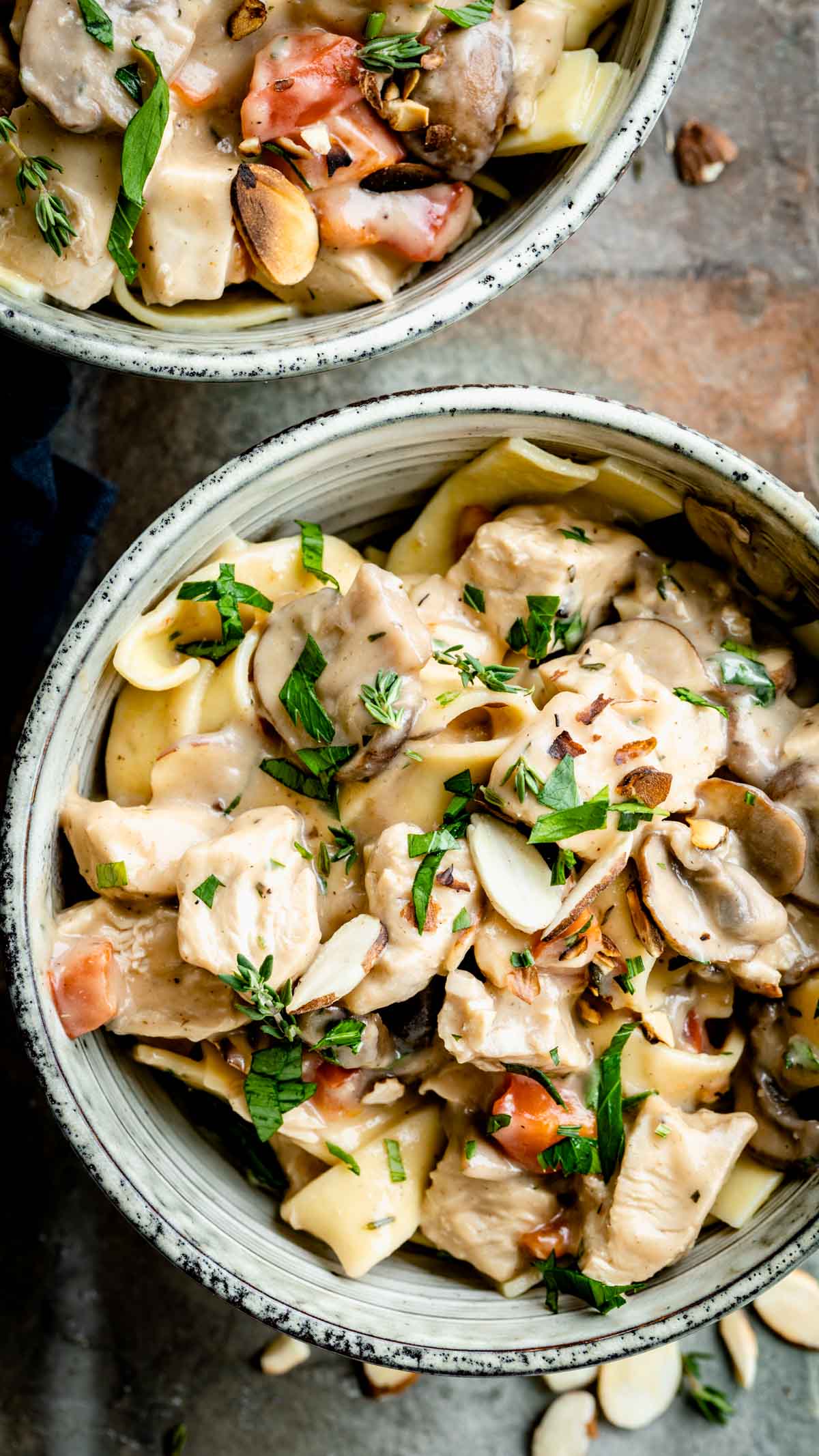 two bowls of chicken a la king from overhead