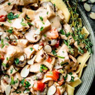 close-up of chicken a la king over noodles