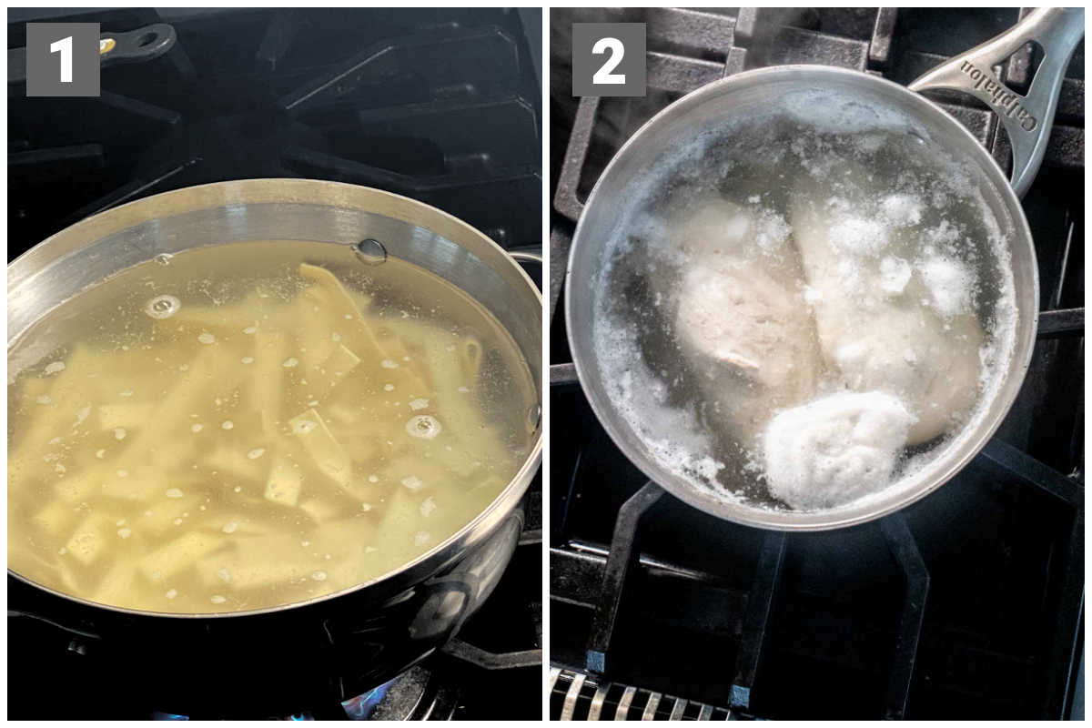cooking the pasta and chicken