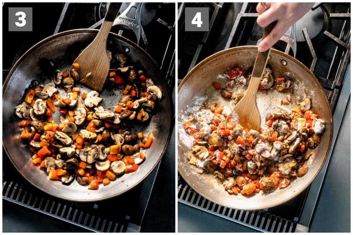 sautee the veggies, then add in the flour and stir to coat