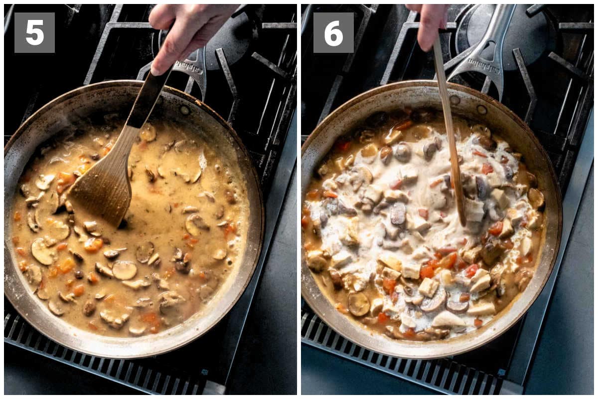 add the broth and let it thicken, add chicken and cream