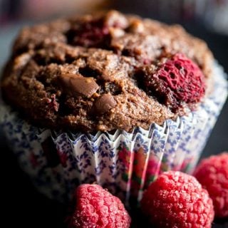 close-up of paleo chocolate raspberry muffin