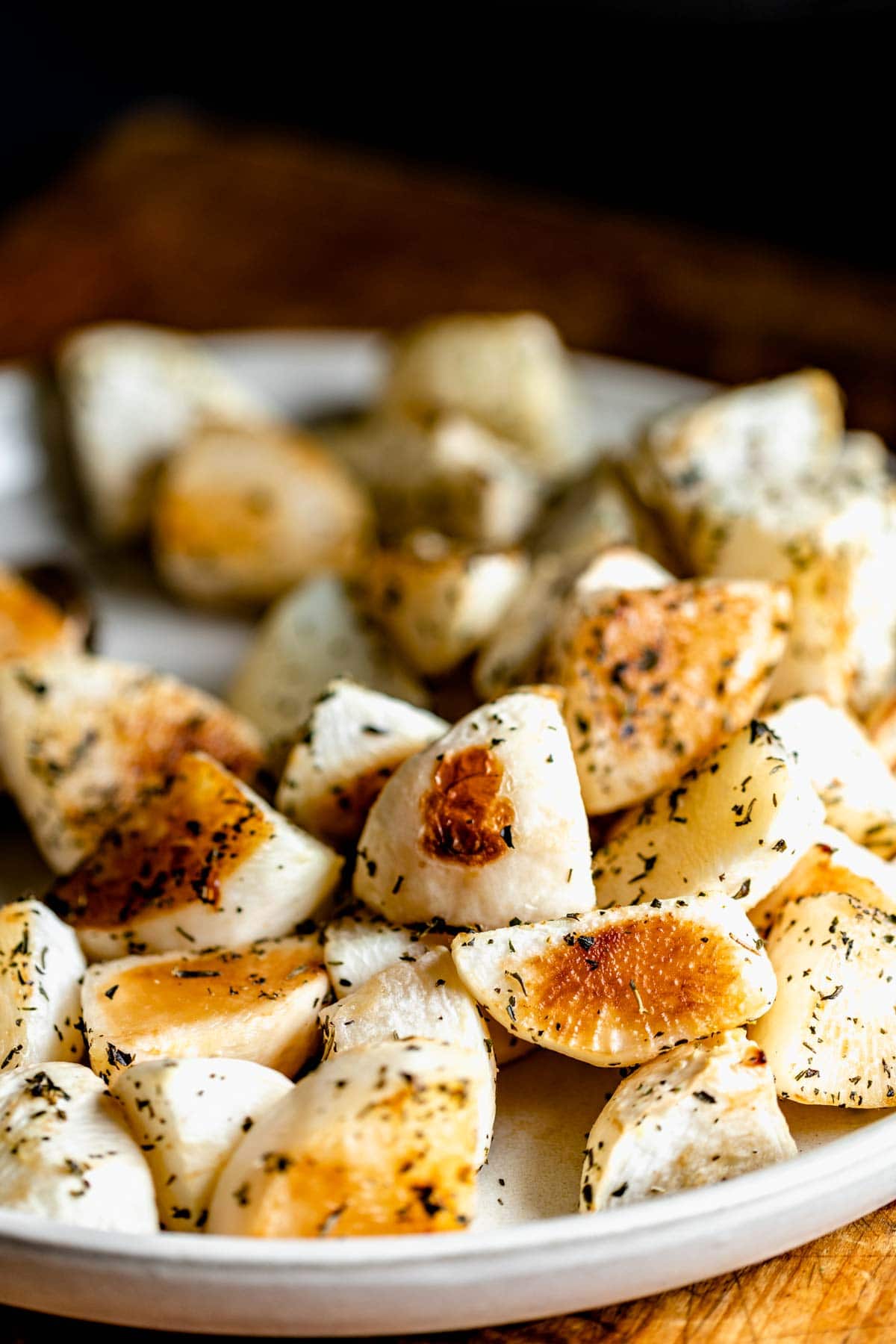 closeup of a platter of roasted turnips