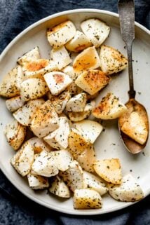 close-up of a platter of roasted turnips from overhead