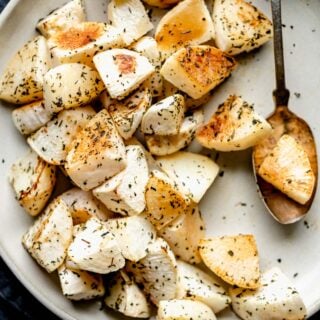close-up of a platter of roasted turnips from overhead