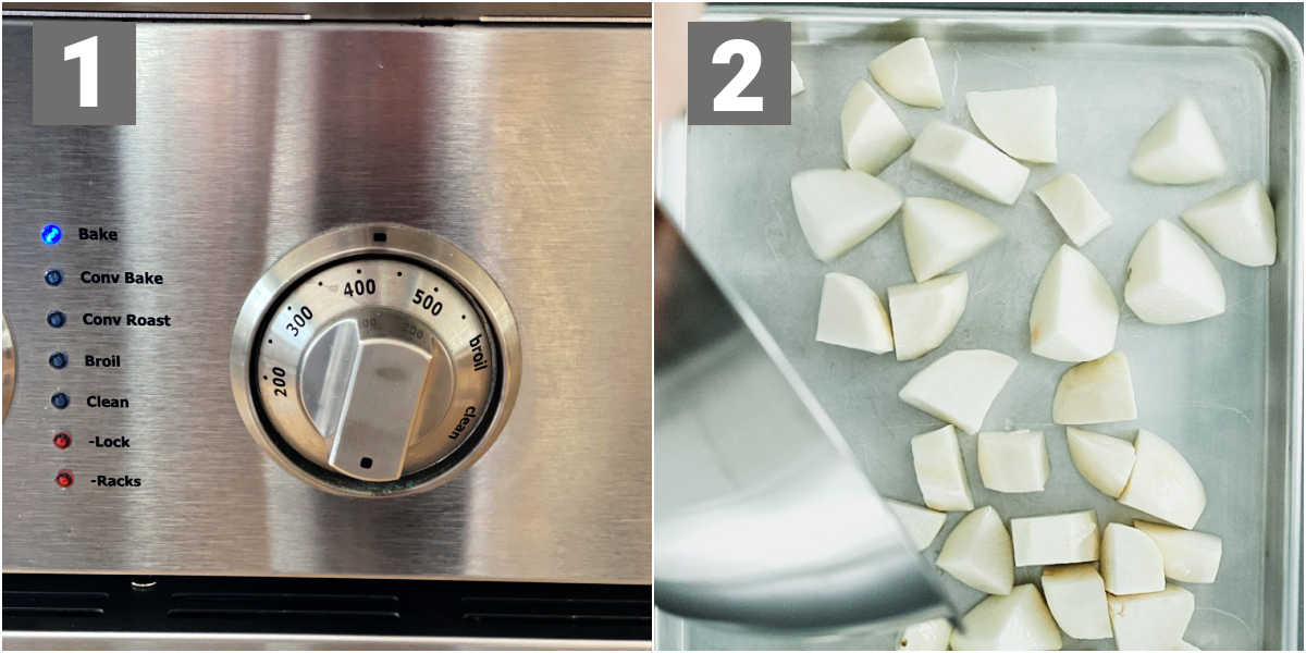 preheat the oven then toss the turnips with oil and roast