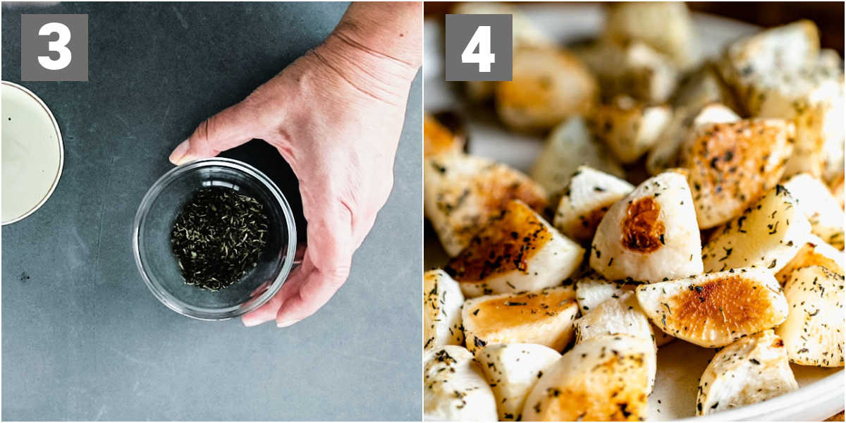 mix herbs and add to the turnips then roast until they are tender and browned