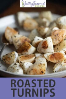 up close plate of roasted turnips with text overlay