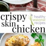 A dinner plate with crispy skin chicken, broccoli and mashed carrots and parsnips