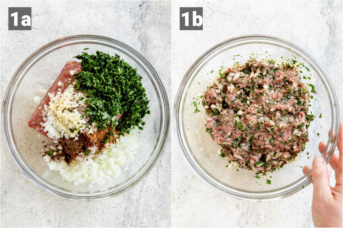 the ingredients fo the kofta in a bowl, mixed together