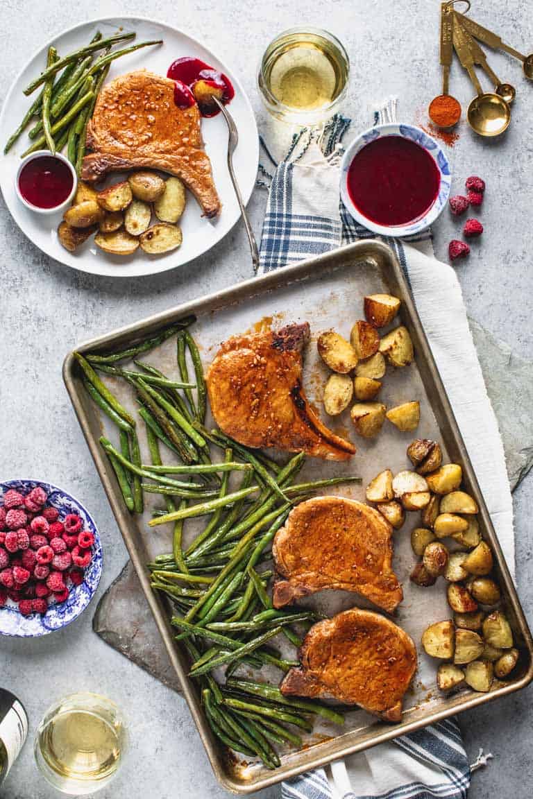 overhead of a Pork Chop Sheet Pan Dinner