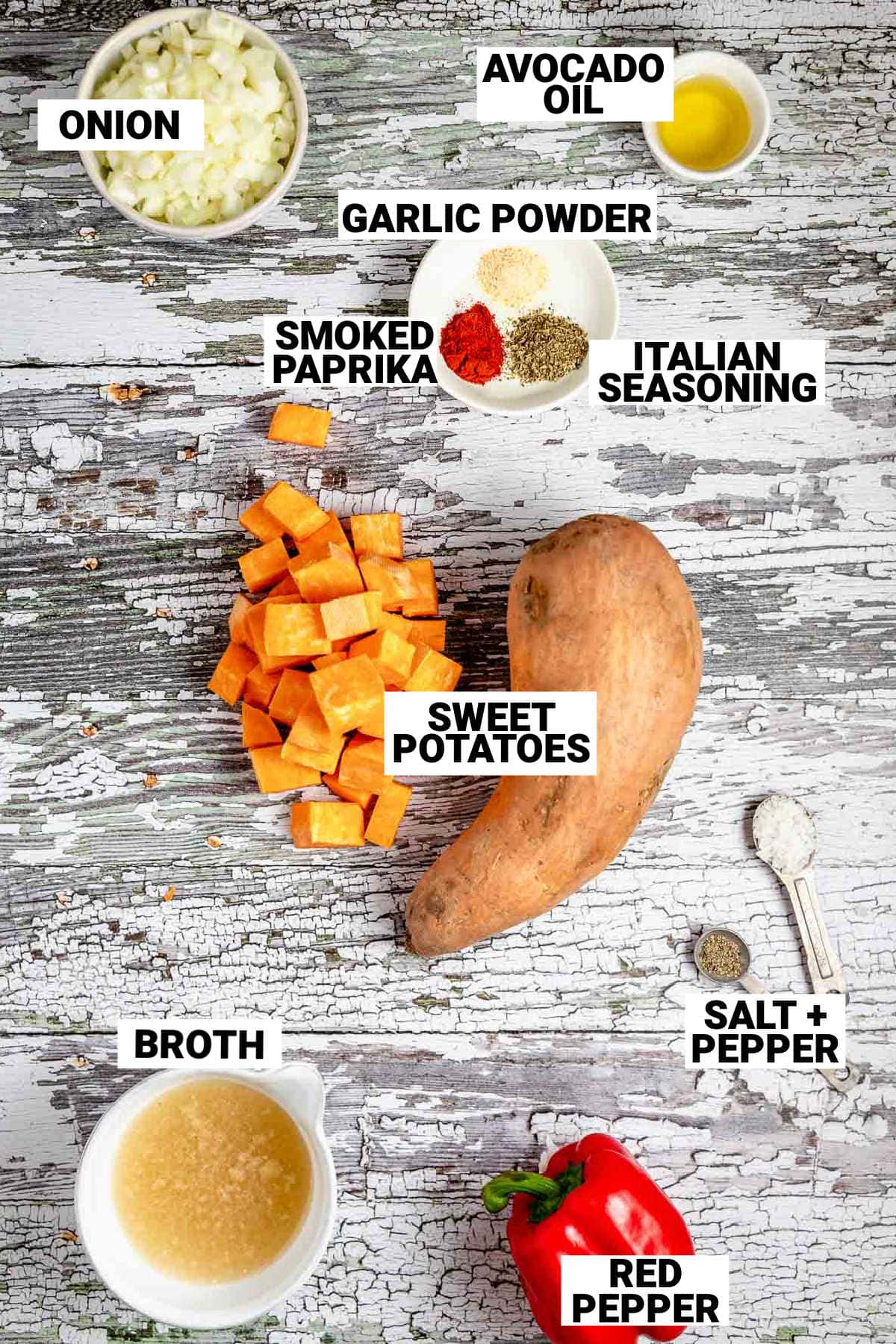 the ingredients for the hash on a white painted board with text overlay