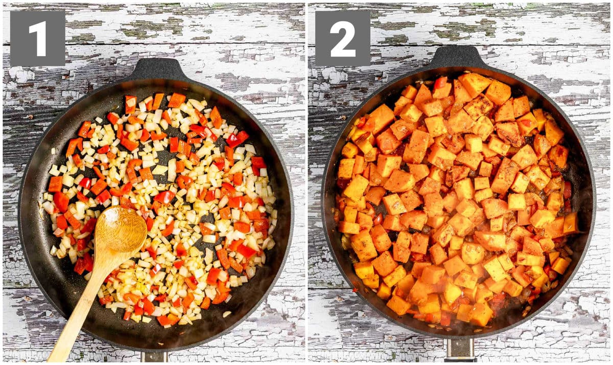 sauteeing the veggies on the left and adding in hte potatoes to let them brown on the right