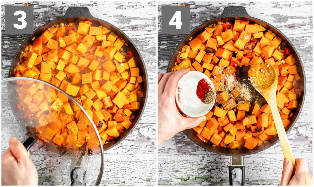 steaming the potatoes with the lid on on the left and on the right seasoning the hash