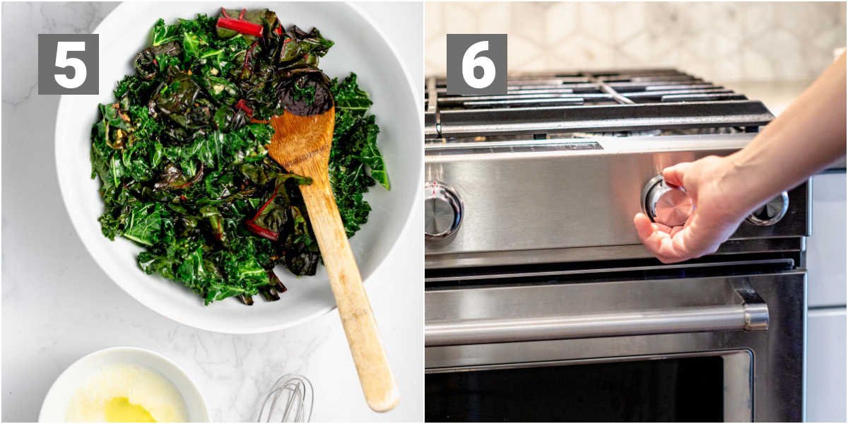 cool the greens in a bowl and preheat the oven