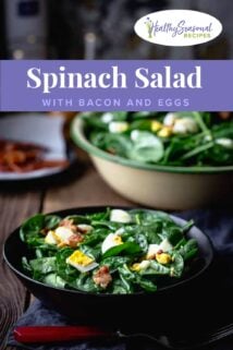 bowls of spinach salad with bacon and eggs