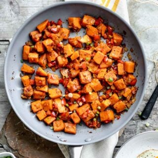 a skillet of hash from overhead close up