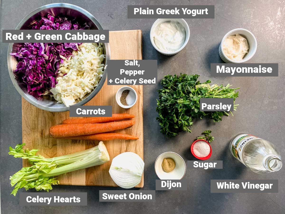 Ingredients for coleslaw with labels