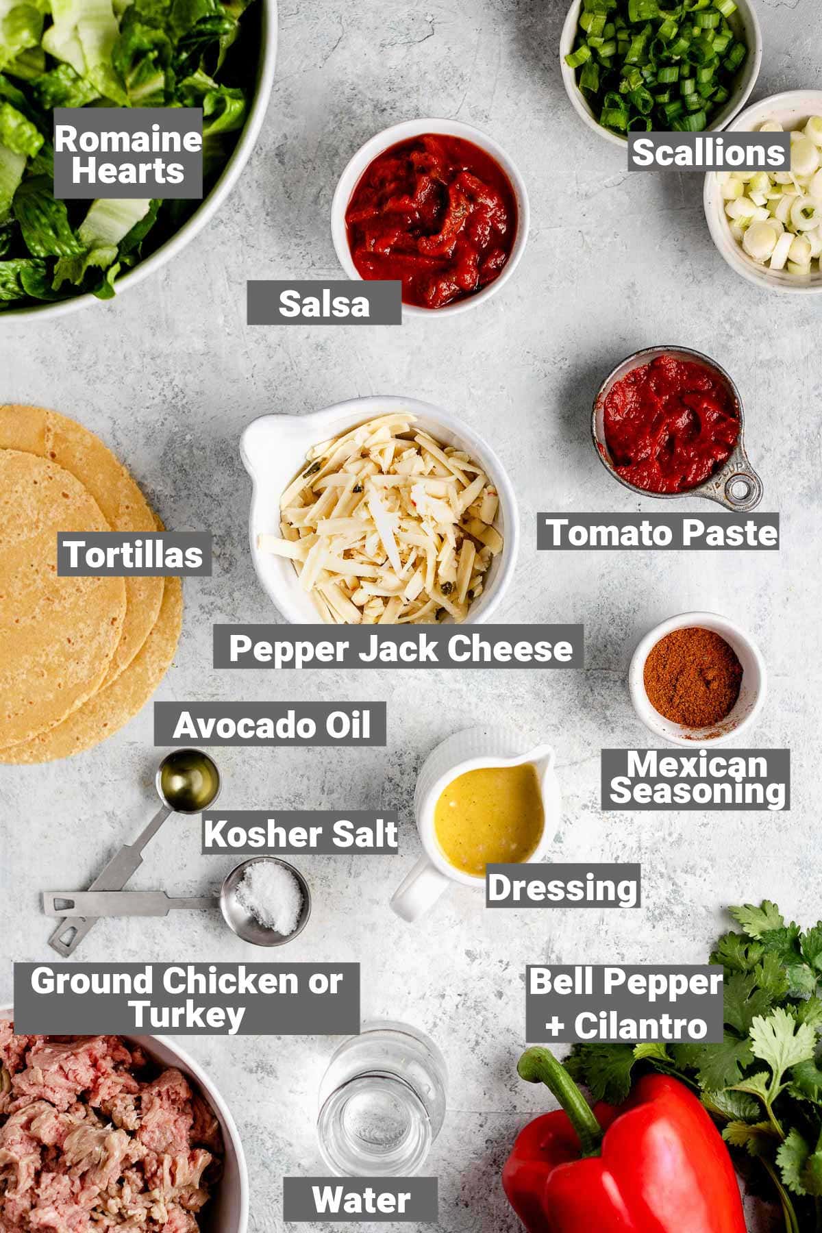ingredients on a white table with labels