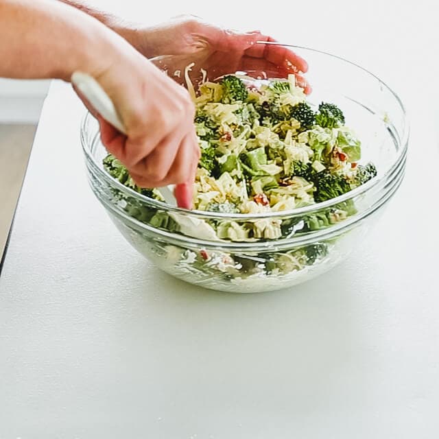 Stir to coat the broccoli and vegetables with the dressing