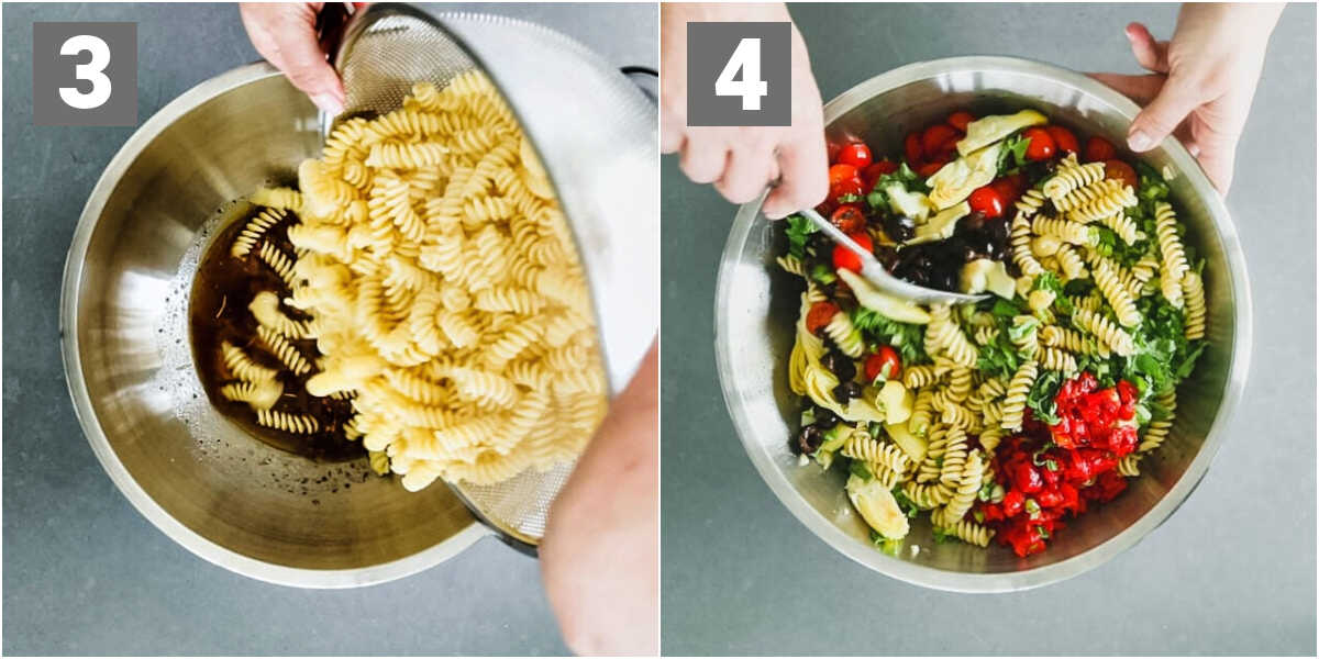 add the pasta to the dressing and add veggies