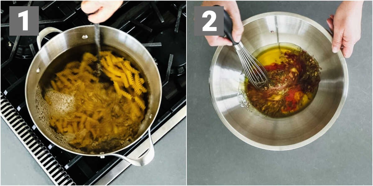 boil the pasta and make the dressing