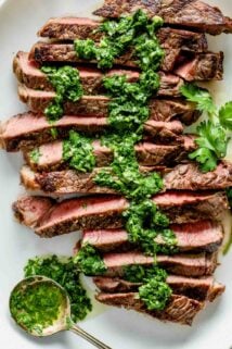 the steak with the sauce on it