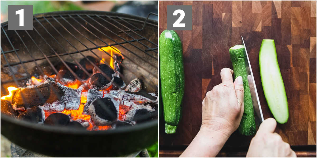 preheating the grill and slicing the zucchini