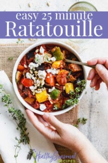 ratatouille in a bowl with someone taking a spoonful