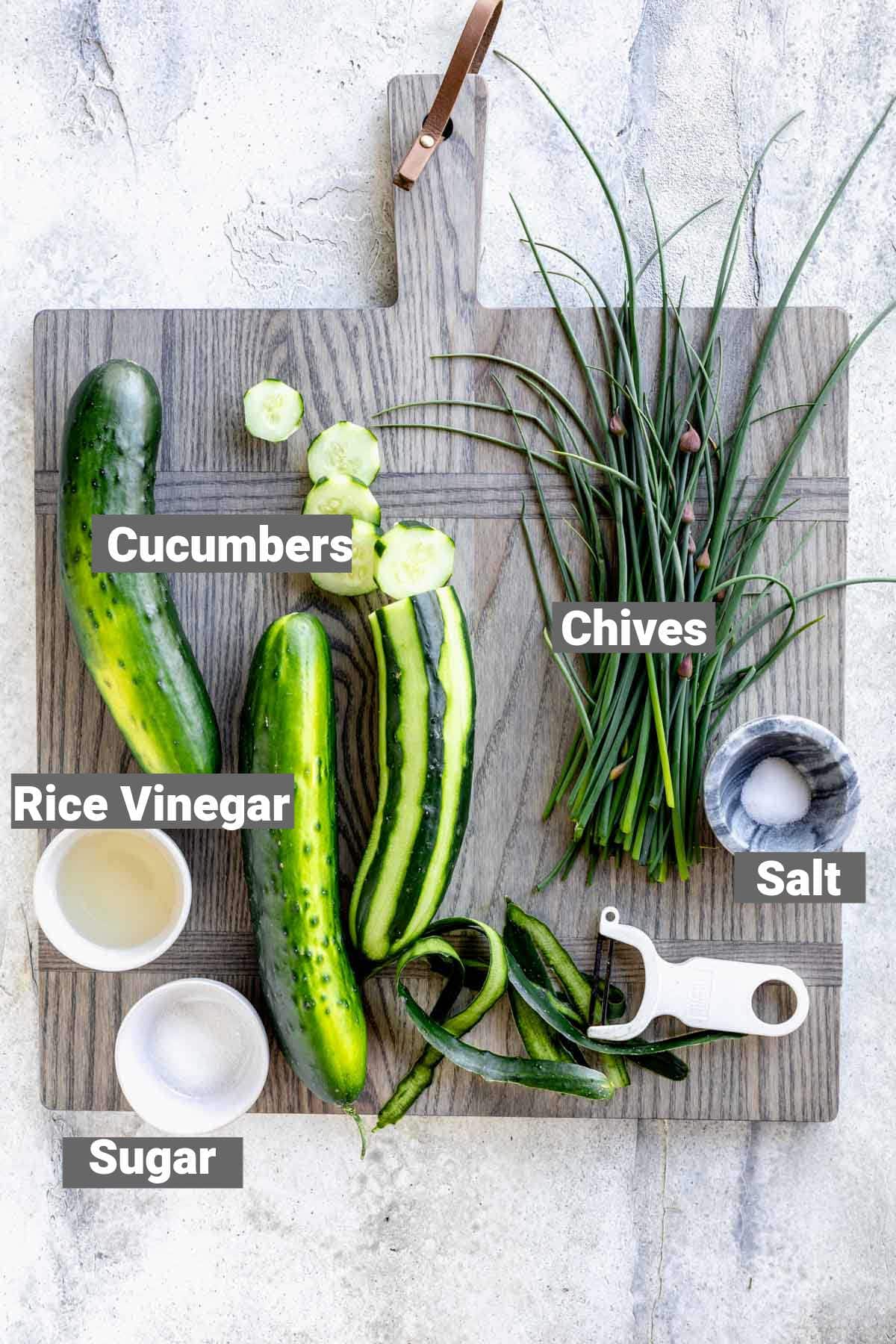the ingredients for this cuke salad with text overlay labeling them