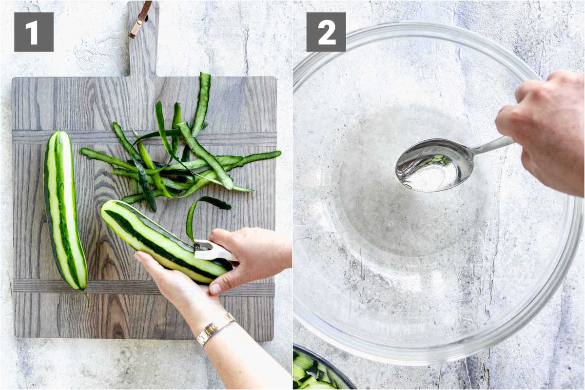 steps for this recipe, peeling the cucumbers and stirring the vinegar sugar and salt