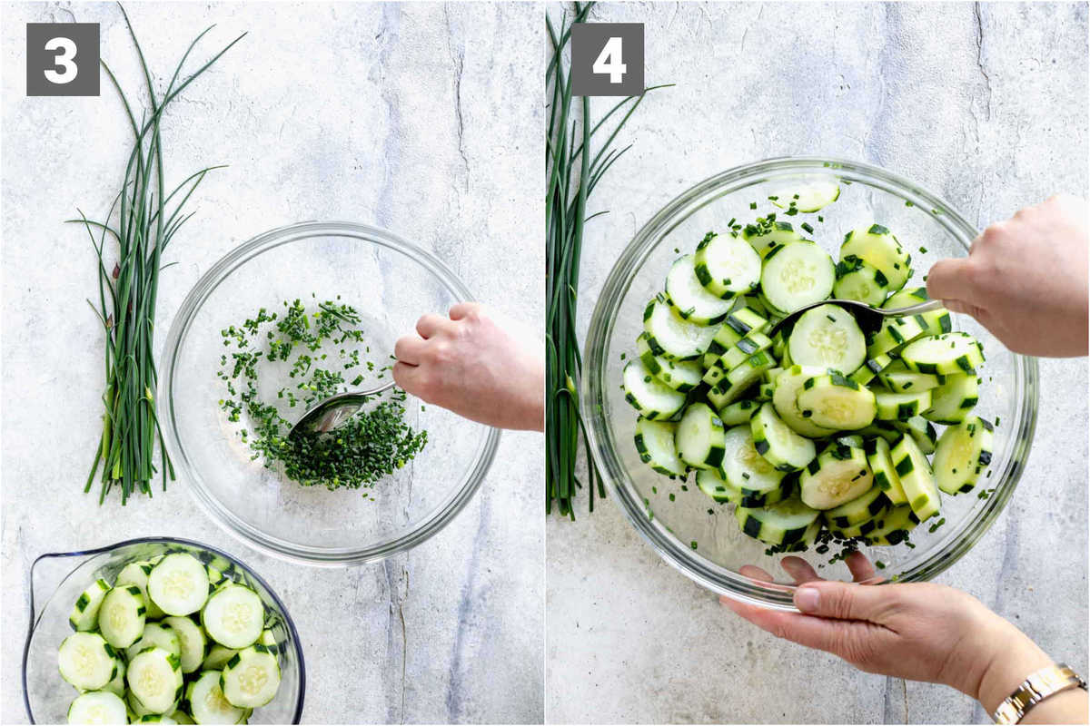 steps to make this recipe. Add the chives first and stir. Then add in the cucumbers and toss them with the dressing.