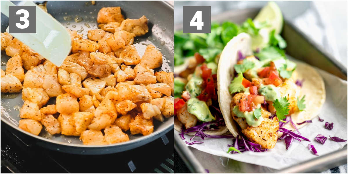saute the cod with seasoning and then assemble the tacos
