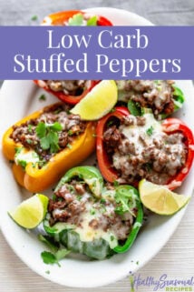 a platter of cheesy peppers with text overlay