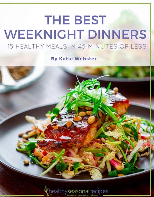 photo of glazed salmon on slaw on e-book cover with text
