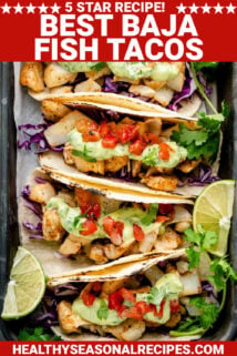 fish taco closeup with text overlay
